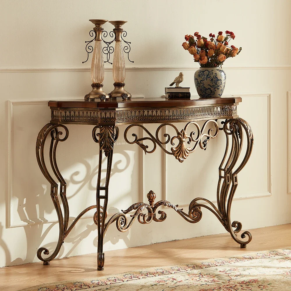 Retro entrance table, foyer wrought iron storage table, European solid wood small strip art semicircular entrance table