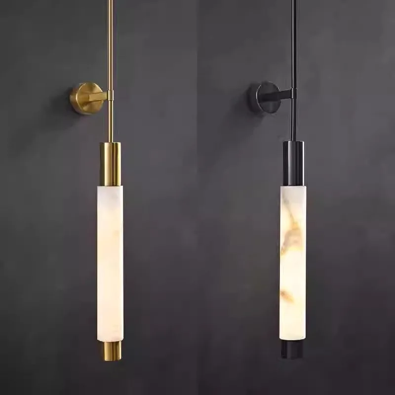 

Villa hotel wall lamp marble all copper long pole TV background wall wall lamp