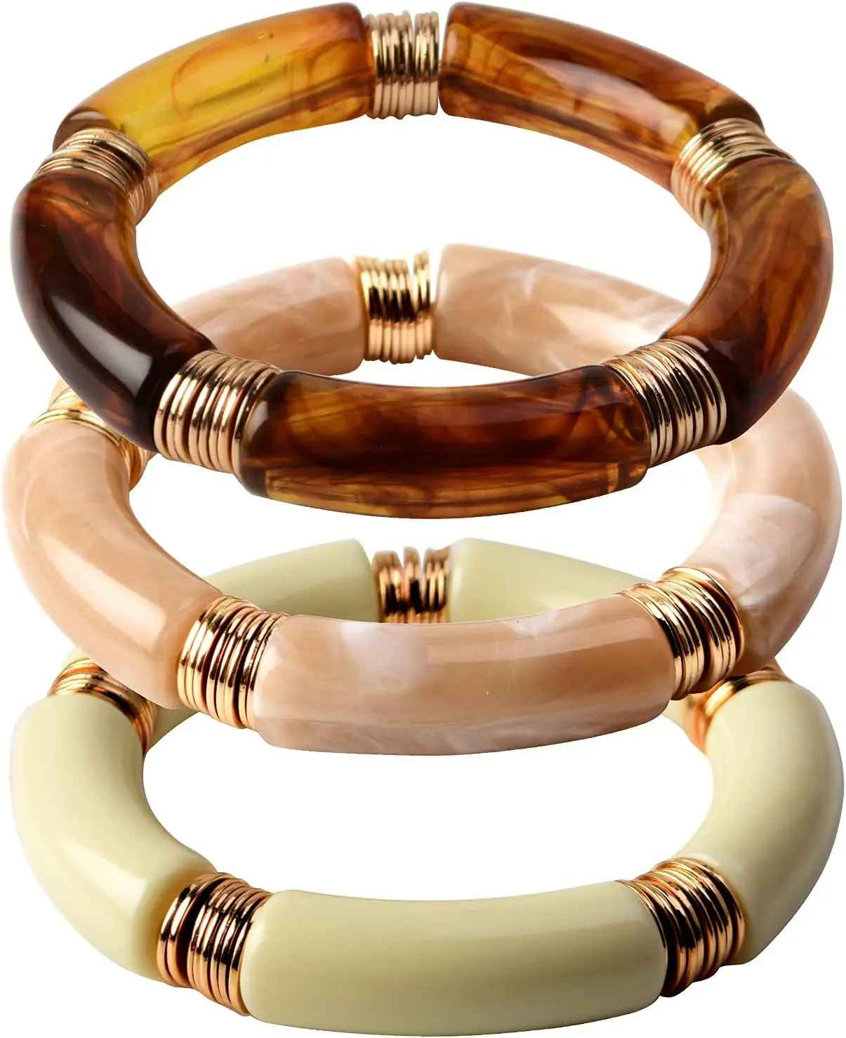 

Simple Beaded Gold Bangle Bracelet Chunky Bamboo Tube Curved Stacking Clear Acrylic Colorful Stretchable Bracelets Set For Women