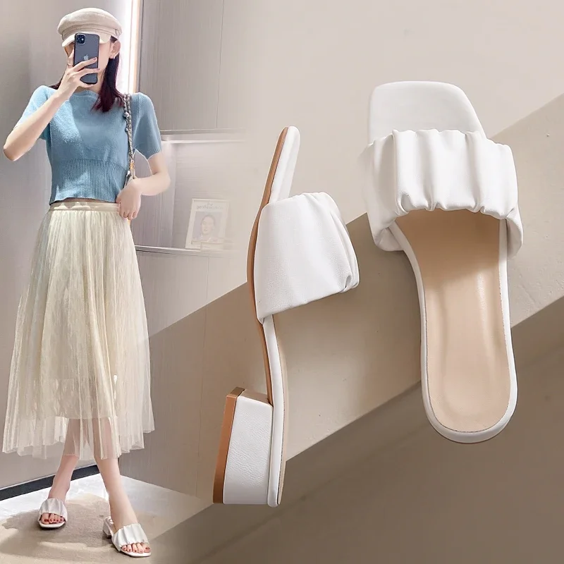 2023 Summer New Sexy Square Head Pleated Simple Versatile Large Slippers for Women Comfortable High Heels for Women's