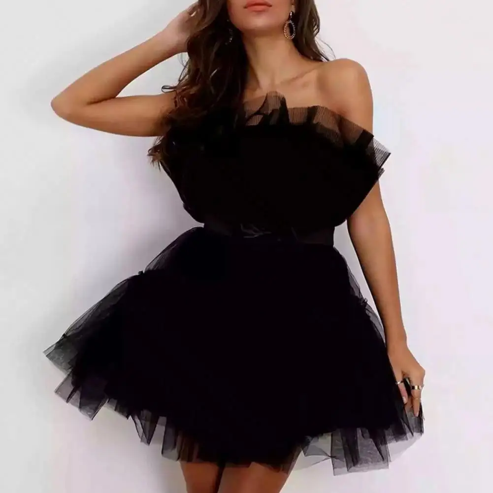 Sexy schulterfreies Kleid aus Netzgarn mit Schleife, ärmellos, Ballkleid, Minikleid, Röhrenoberteil, Stil, Bandeau-Kleid, Hochzeit, Party, Prinzessinnenkleid