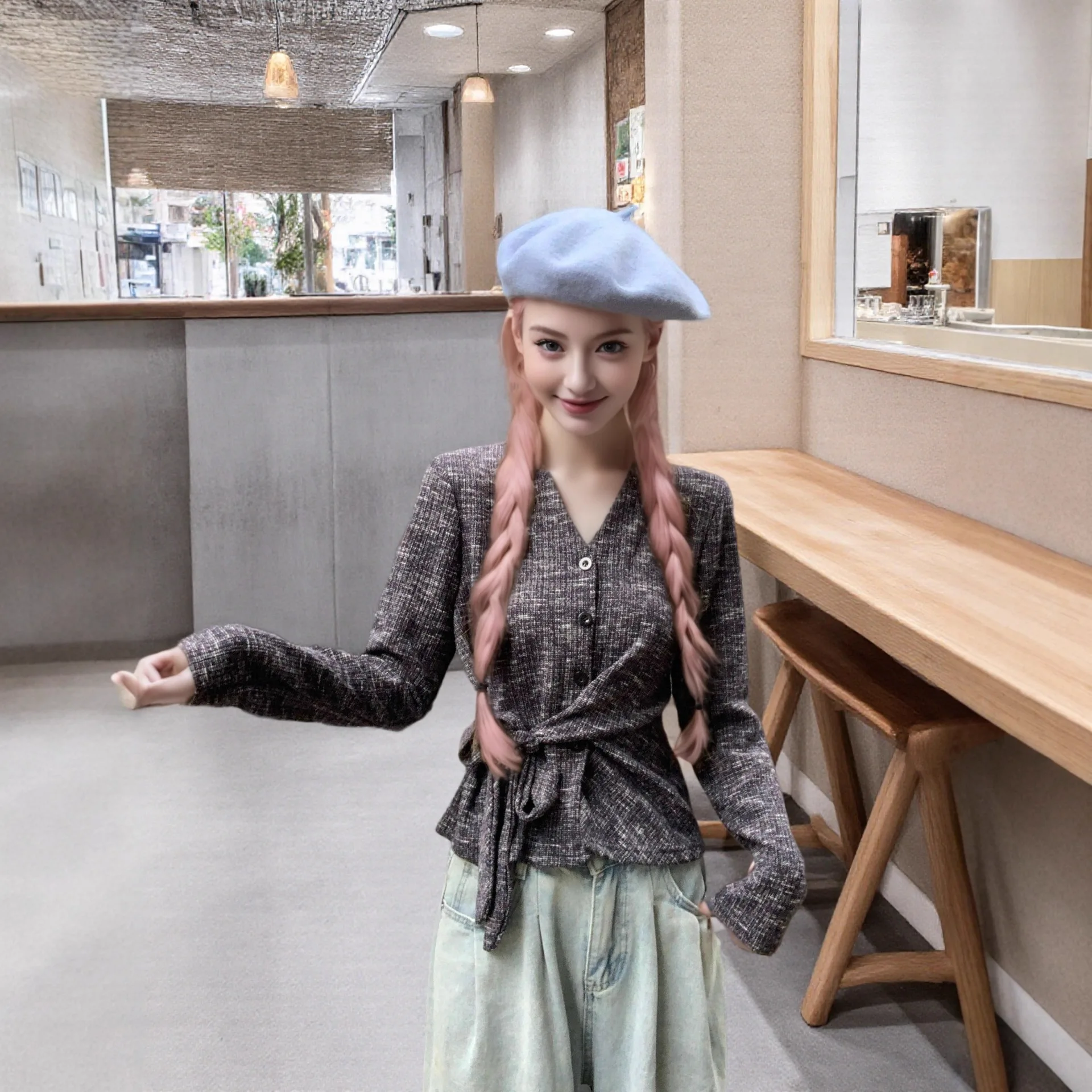 

2025 Sweet Sle Long Sve Sweater Single Button Design Belted Top Knitted Acrylic Blend Regular Thin Women's Faion