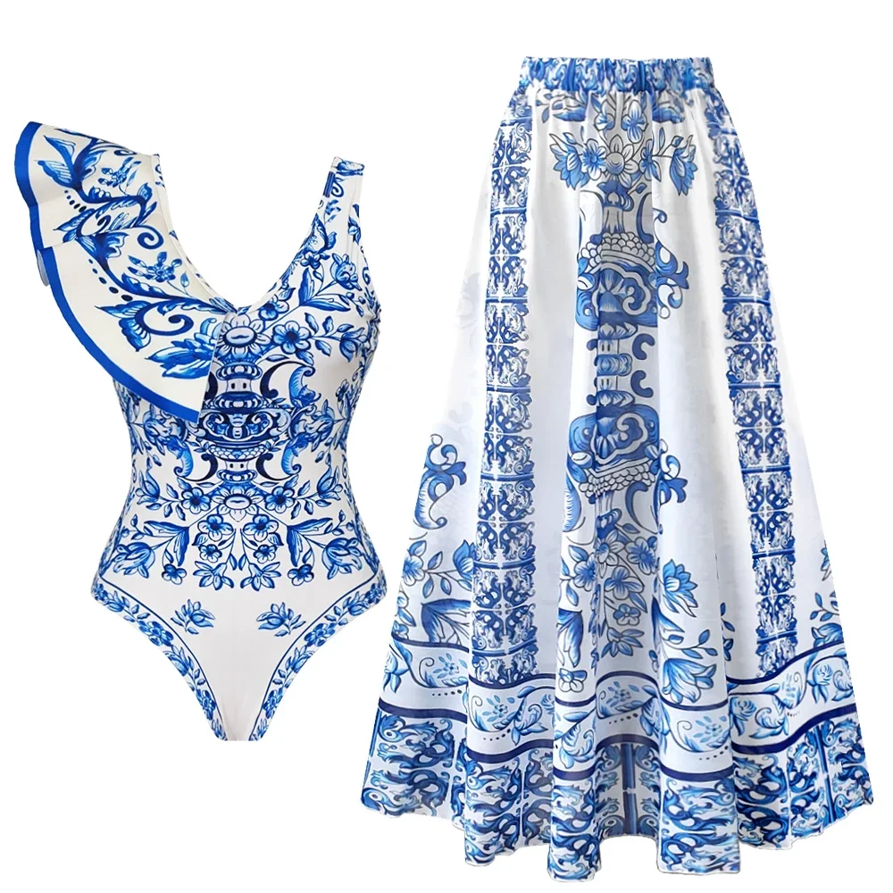 2024 New Sexy Ruffle Bikini Set Printed Brazilian Biquini Women Swimwear Skirt Bathing Suit Girls Summer Beachwear Dress