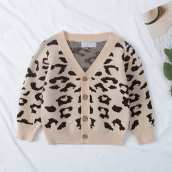 Autumn Kids Baby Boys Girls Long Sleeve V-neck Leopard Print Cardigan Coat Baby Boy Girl Jacket Children Knitted Cardigan Coat