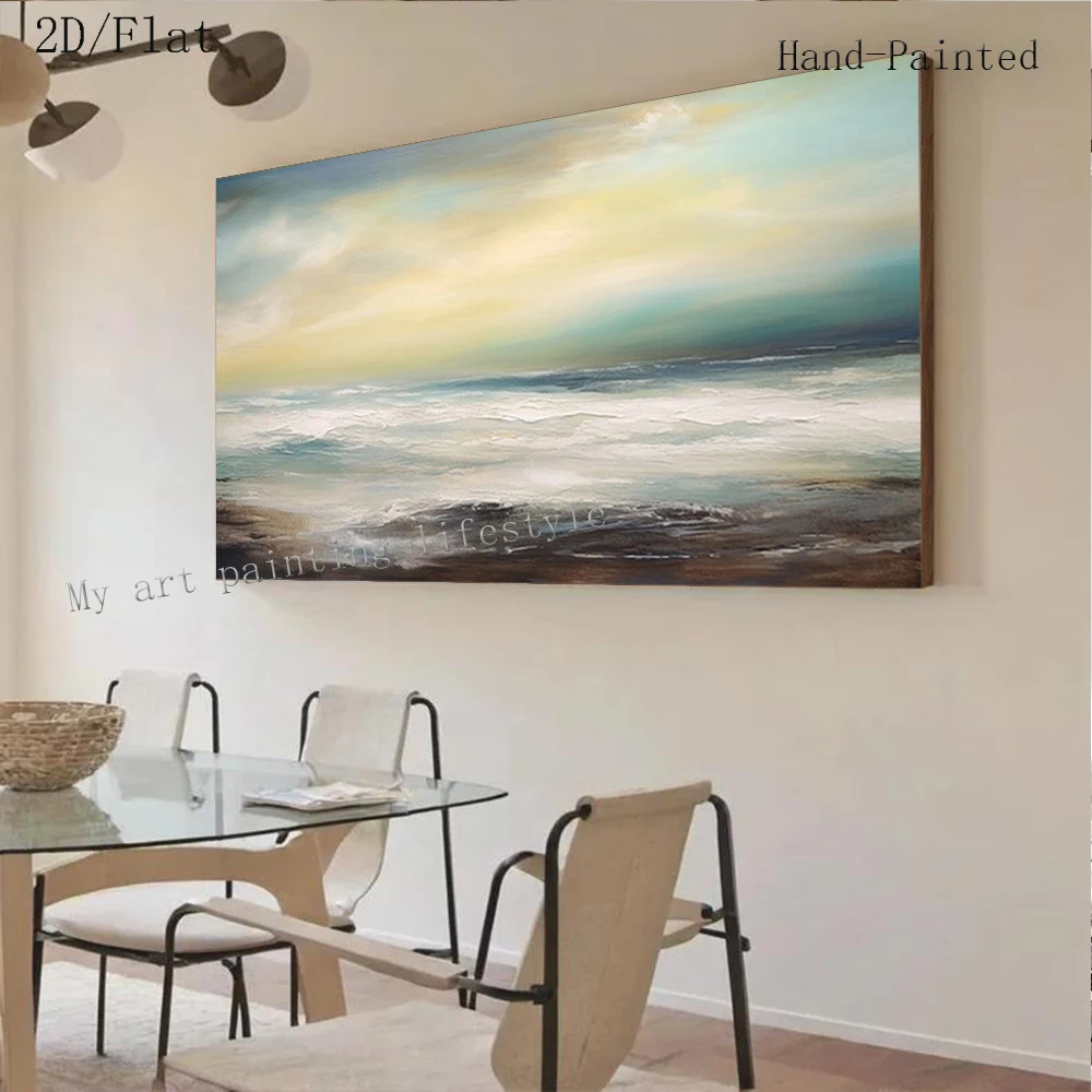 Peinture à l'huile abstraite 100% peinte à la main, grande vue sur la mer dorée, tableau mural original pour la décoration du salon à la maison
