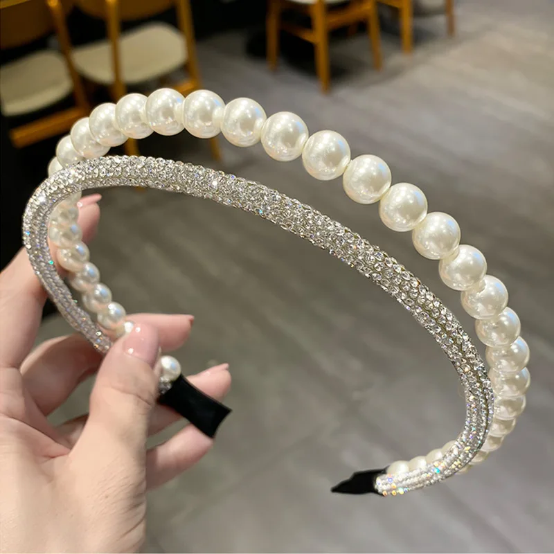 Fashion Luxury Shining Rhinestone Simulated-pearl Hairband Party Double Layer Headband Women Vintage Elegant Hair Hoop Headwrap