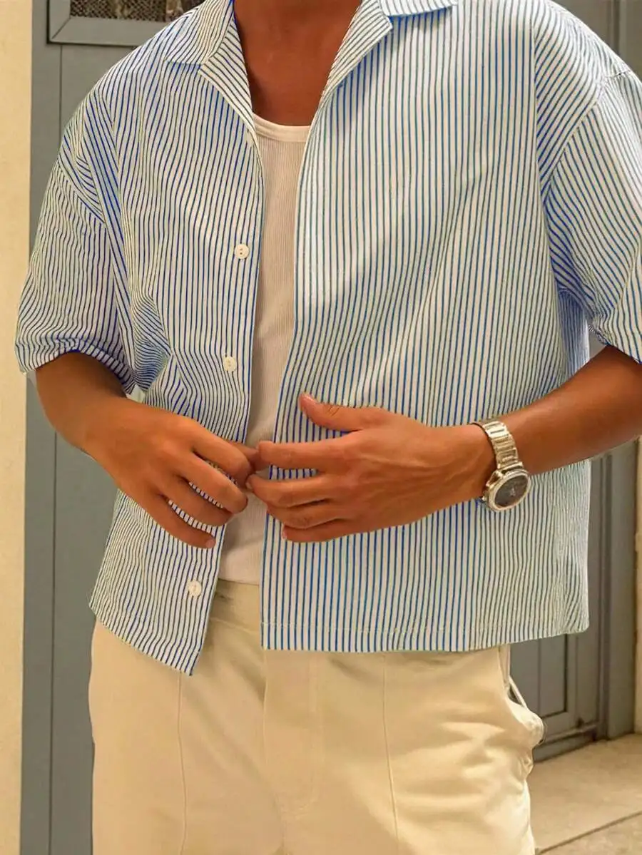 

Mens Striped Short Sleeve Single Breasted Casual Business Shirt