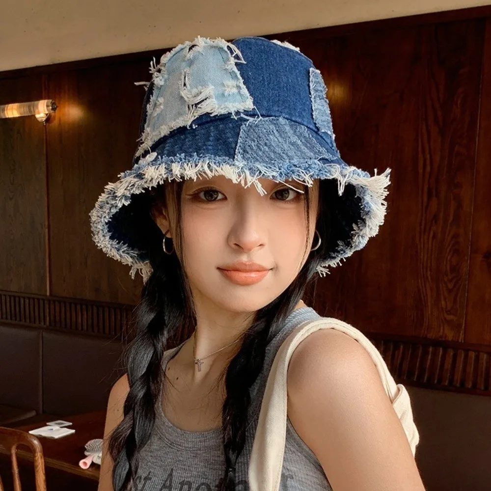 

Niche Japanese Denim Bucket Hat Patched Beggar Style Retro Fisherman Hat Splicing Bule Sun Protection Basin Cap Male/Female