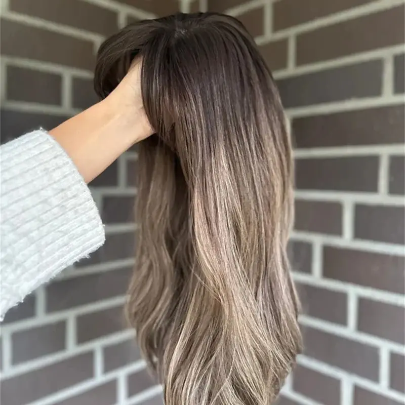 

Ombre Шоколадно-коричневый синтетический HD парик фронта шнурка с челкой Балаяж Предварительно выщипанная линия волос Термостойкий парик Парик высокой плотности