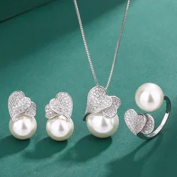 Conjunto de collar y anillo de Plata de Ley 925 para mujer, corazón con perlas grandes pendientes de doble, encanto de circón, joyería de boda para mujer