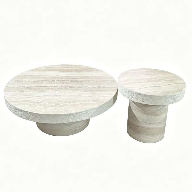 Modern simple travertine round coffee table, wabi-sabi designer living room coffee table high-end feeling