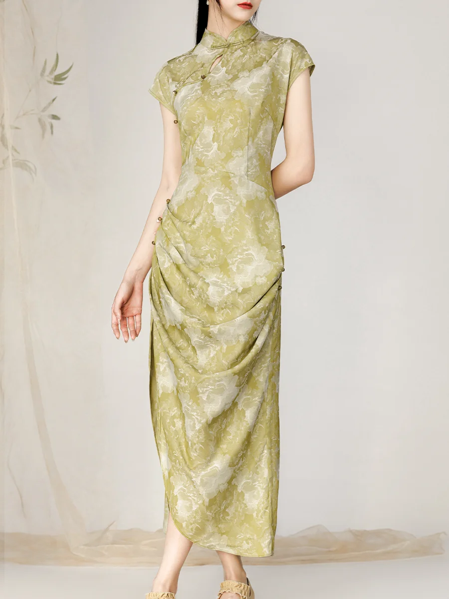 

New Chinese Sle een Floral Print ort Sve Women's Qipao Dr High Slit Long Qipao National Sle Button Vintage Dr