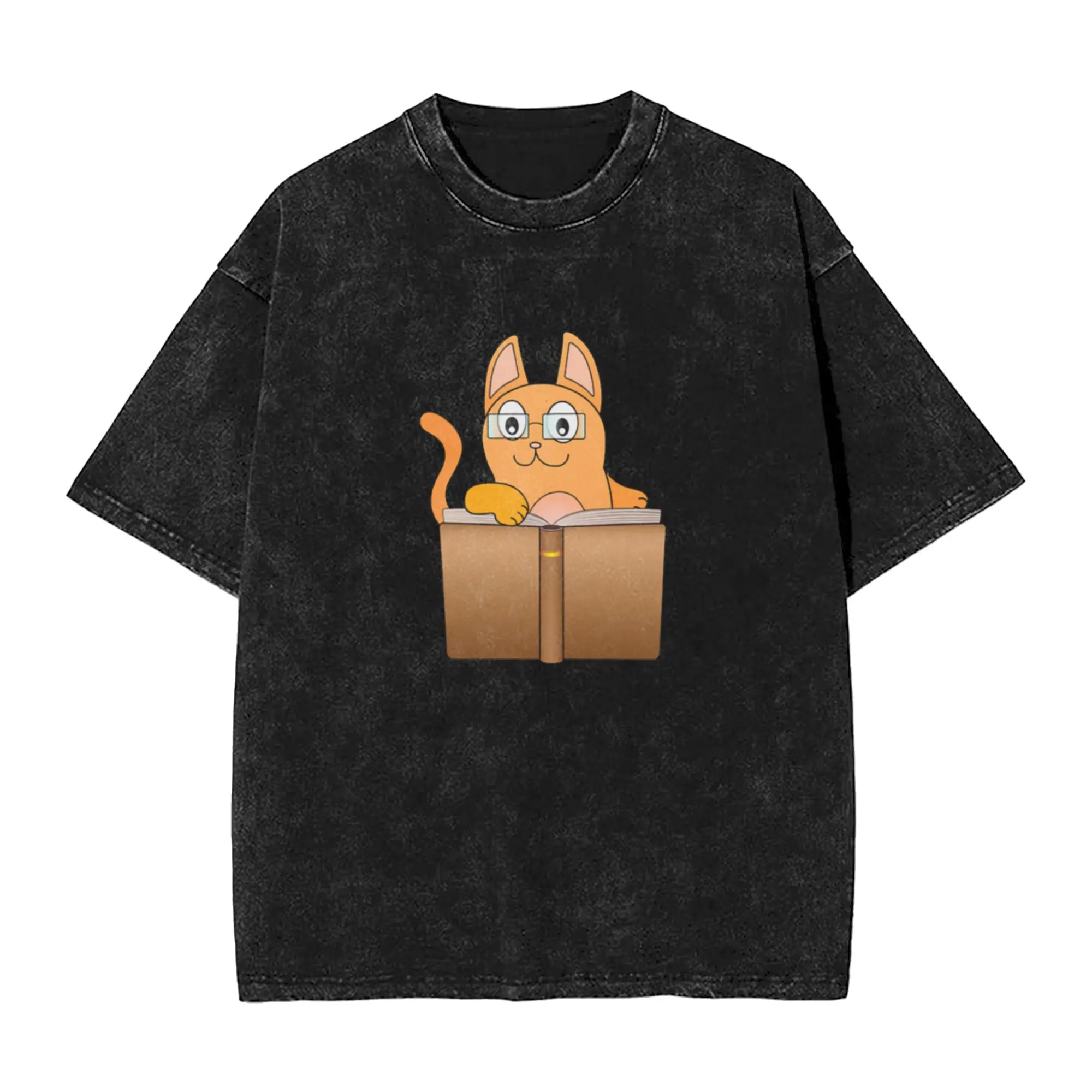 A red cat in glasses is reading a book  Unique Comfort A Washed T Shirt Men's Oversized Cotton Tees Tops