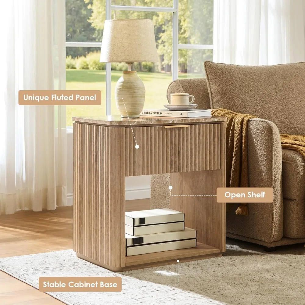 Par de mesitas de noche con tapa de mármol: mesitas de noche modernas de madera maciza con cajón y estante abierto