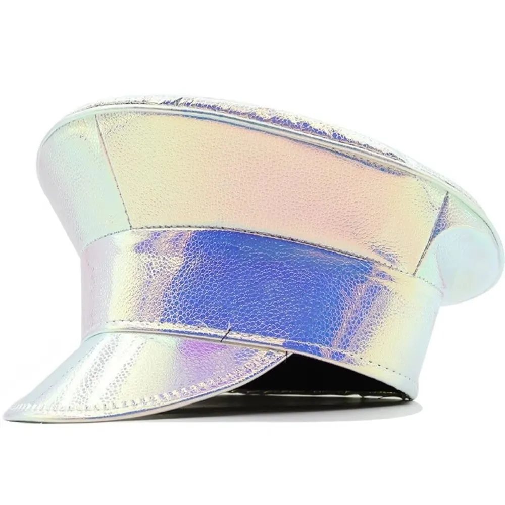 Fashion Big Laser Hats Waterproof Glossy Beret Flat Caps PU Leather UV Protection Women Party Hat Performance Cap