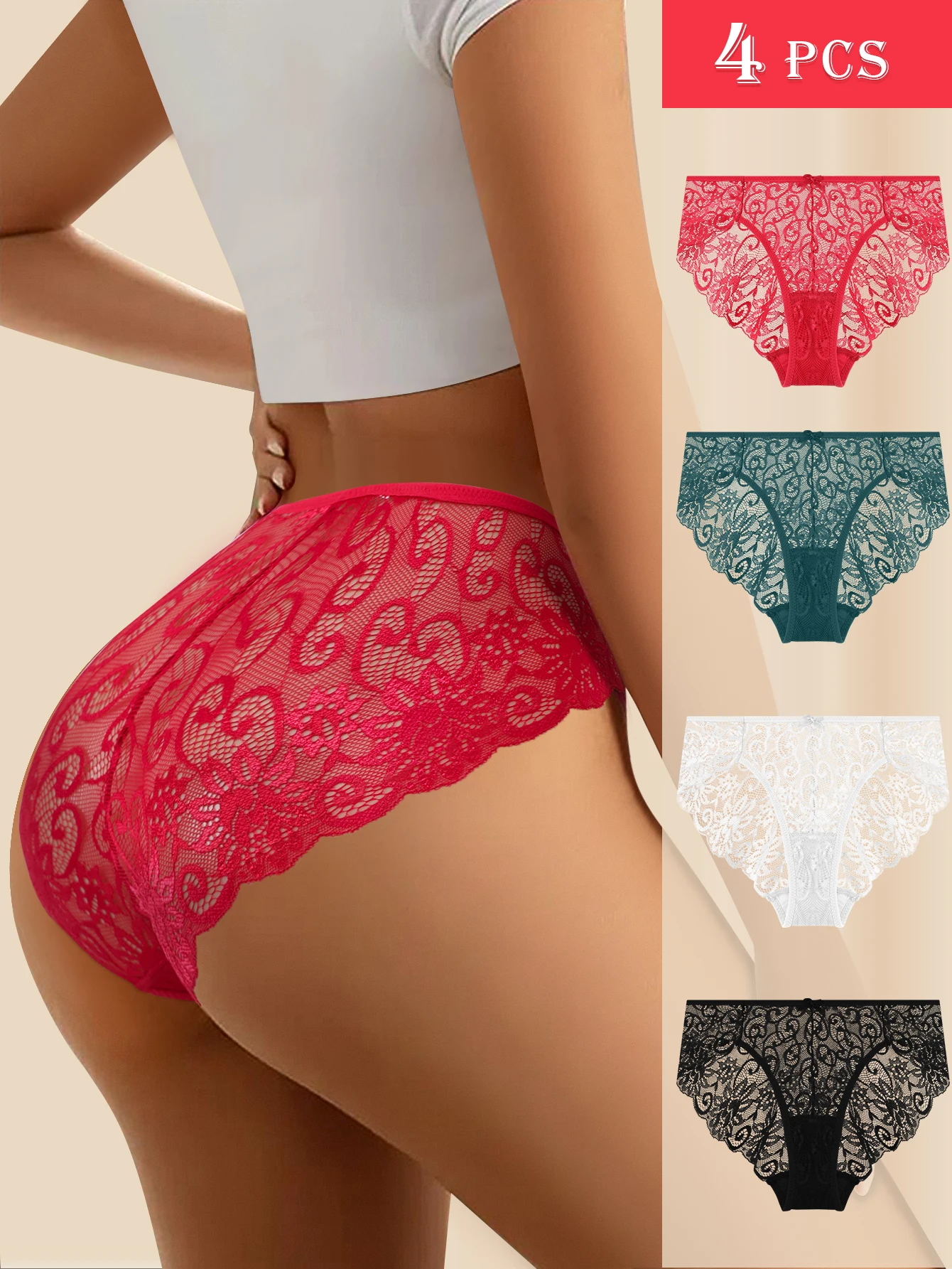 

4PCS Seamless Sexy Lace Floral Boxer Briefs Women's Sexy Hollow Solid Color Briefs Women's Low Waist Breathable Girls Underwear