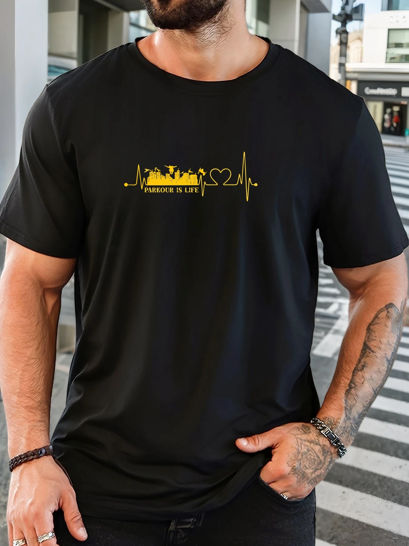

MEN PARKOUR IS LIFE pattern summer casual crew neck short T-shirt