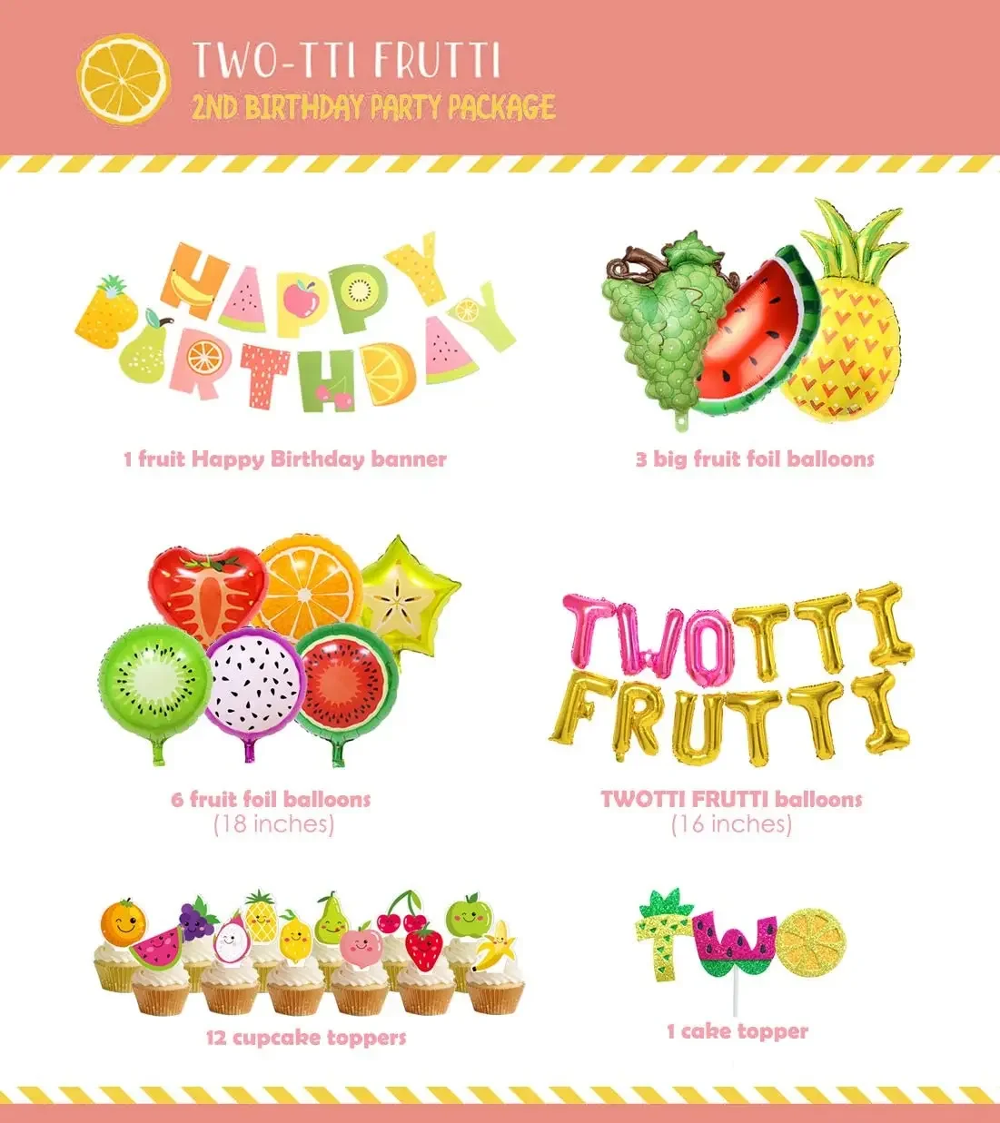 

Fruit Theme Birthday Party Decoration Fruit Foil Balloon Happy Birthday Banner Two Cake Topper for Girls 2nd Birthday Supplies