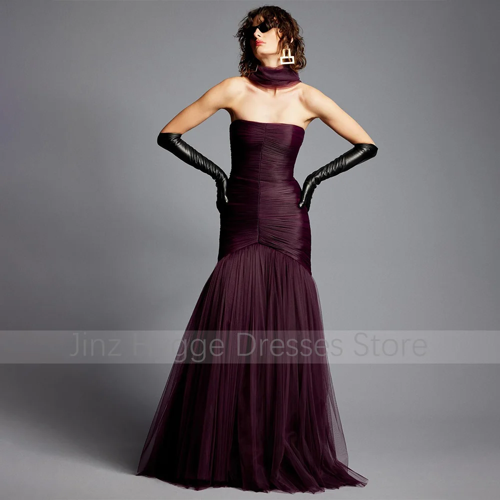 Elegant Evening Dress Dark Purple Strapless Pleated Tulle Mermaid Evening Gowns for Women 2024 Floor Length Trumpet Party Dress