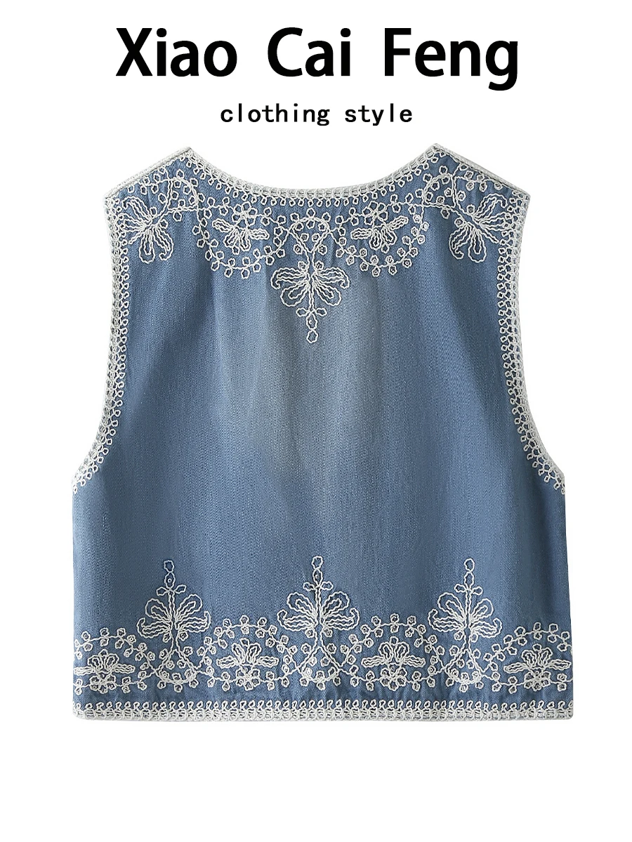 

Heavy Embroidery Denim Vest Women Summer Large Size Thin Svel Outerwear Layering oulder Pad Trendy Cotton Blend