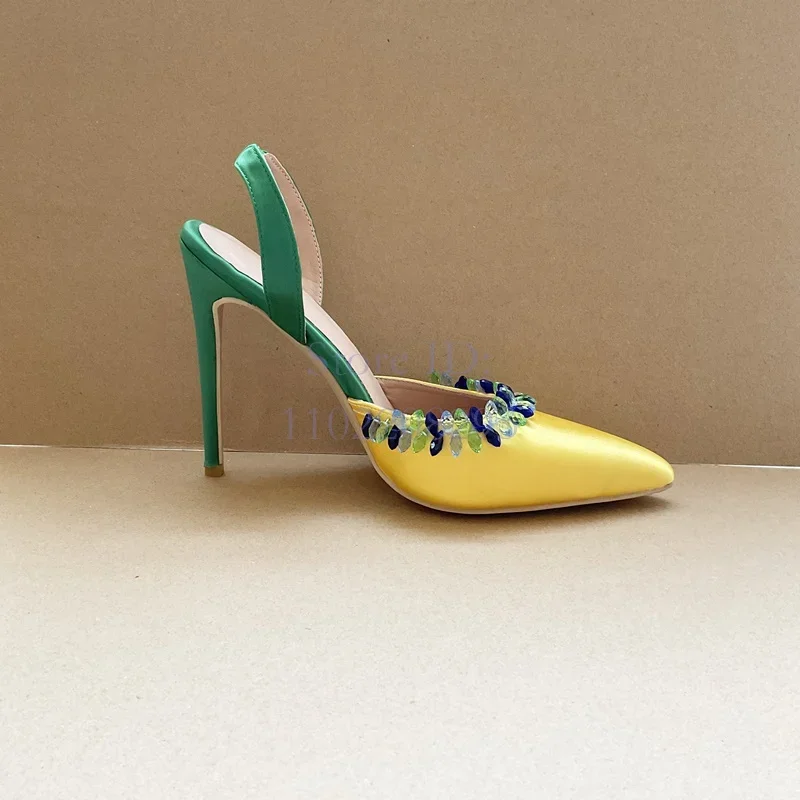 Crystal Pointed Toe Thin High Heels Pumps Satin Yellow Elegant Stilettos Sandals Slip-on 2025 Women Summer Vintage Dress Shoes