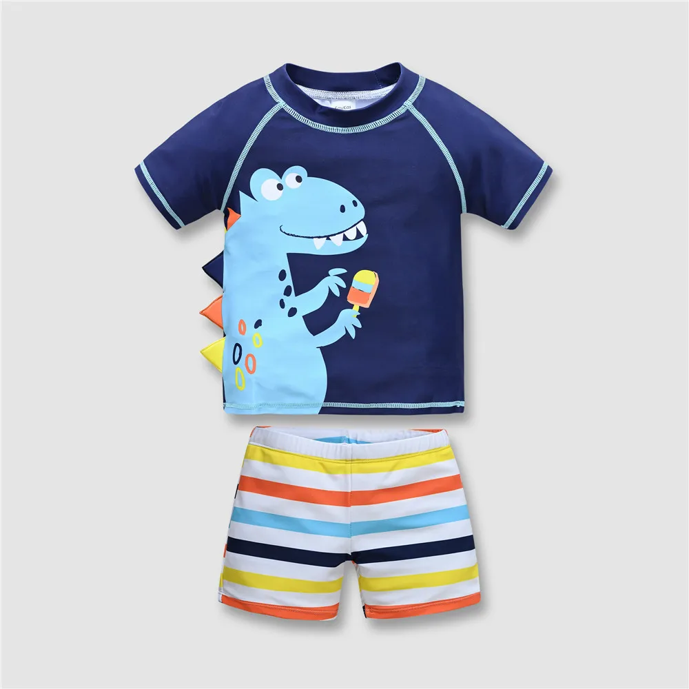 

2024 Children Boys Swimsuit Cartoon Print Top+Pants Clothing Summer Short Sleeve Beachwear Surfing Swimming