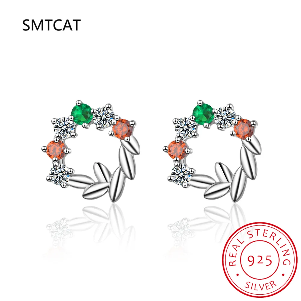 

Round Nano Green Emerald Ruby Red Garnet 925 Sterling Silver Circle Leaves Stud Earring for Women Colorful Gemstone Jewelry Gift