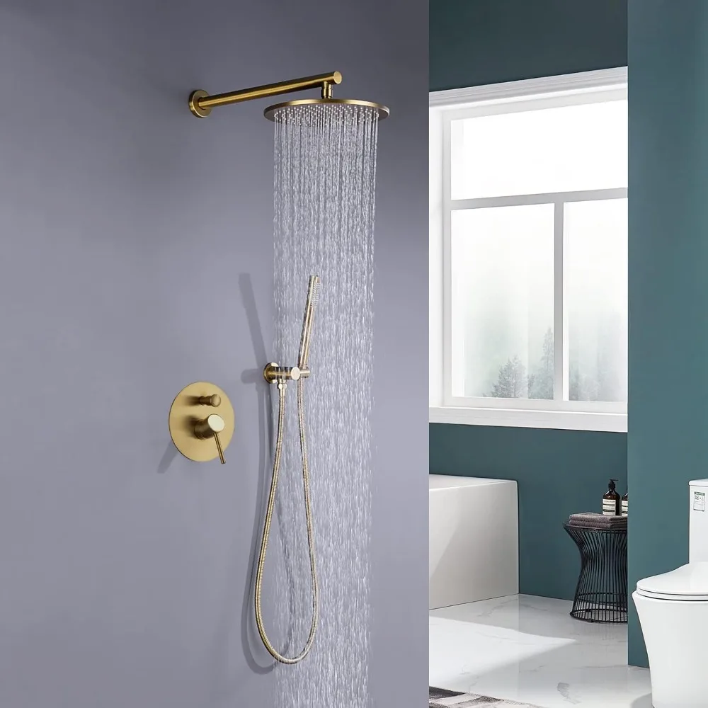Bathroom Luxury Rain Mixer Combo Set Wall Mounted Rainfall Shower Head Brushed Gold Contain Faucet Rough-in Valve Body and Trim
