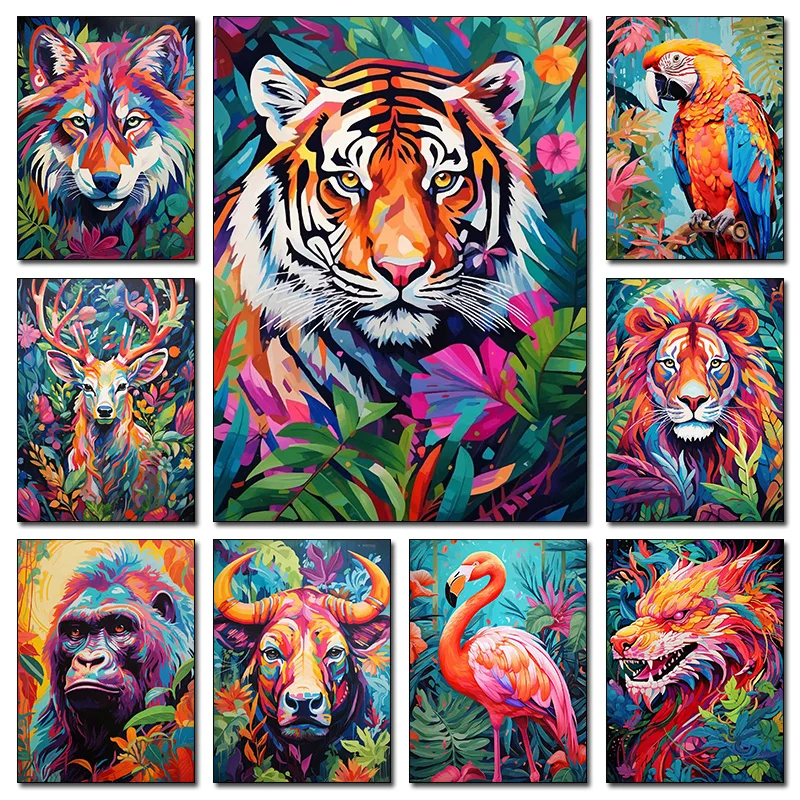 Colorful Forest Tiger Deer Flamingo Wolf Parrot Lion Monkey Dragon Poster Print Canvas Wall Art Picture Room Home Decor Unframed