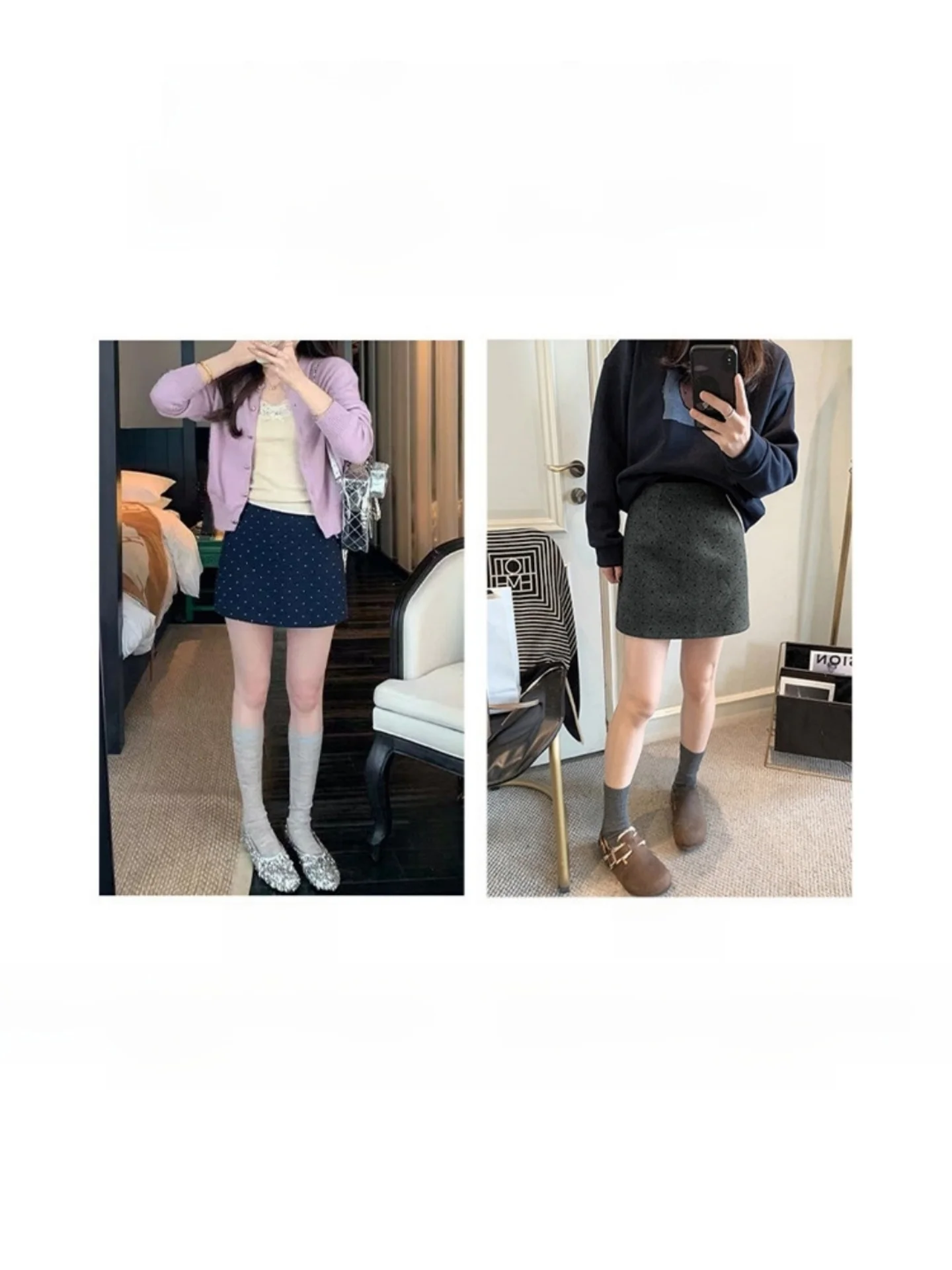 High Waist Polka Dot Woolen  Skirt Women's A-Line Grey Short Skirt Slimming Korean Style Casual Half-length Skirt