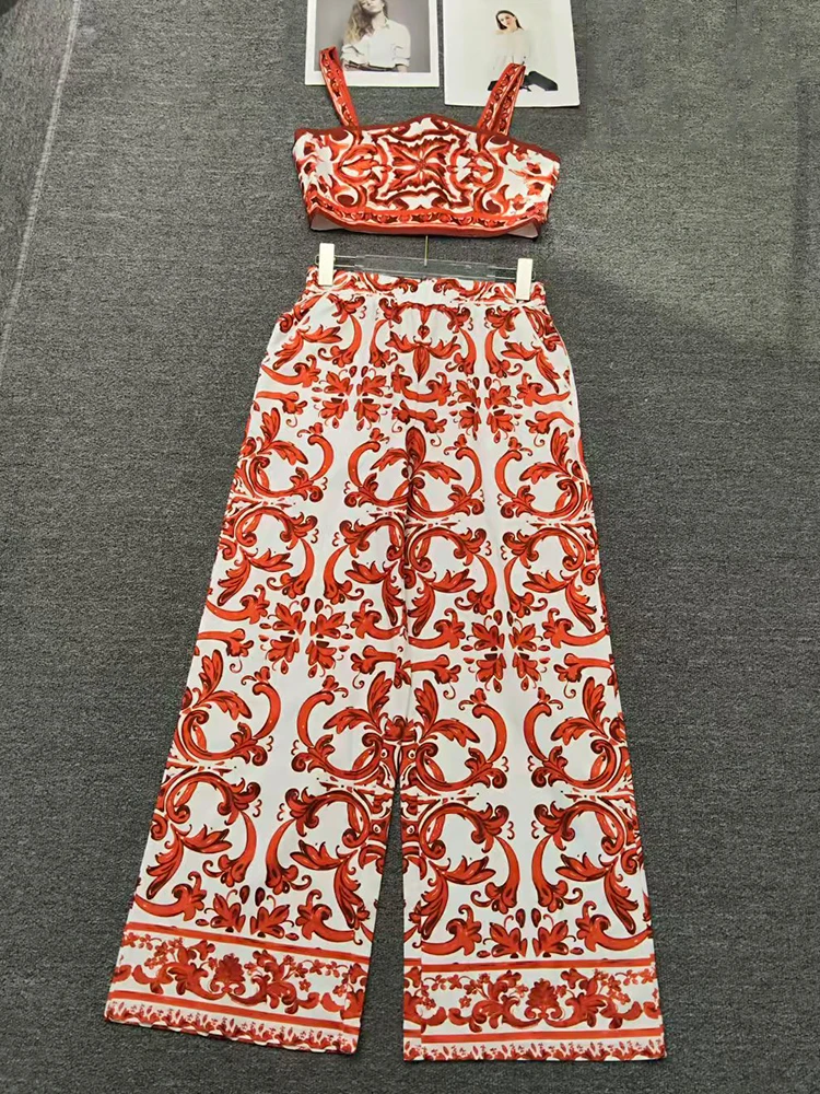 Designer Retro Geometric Print Sexy Tube Top Two-piece Set 2026 Summer Women's Clothing + Loose Wide Leg Pants Fashion Set