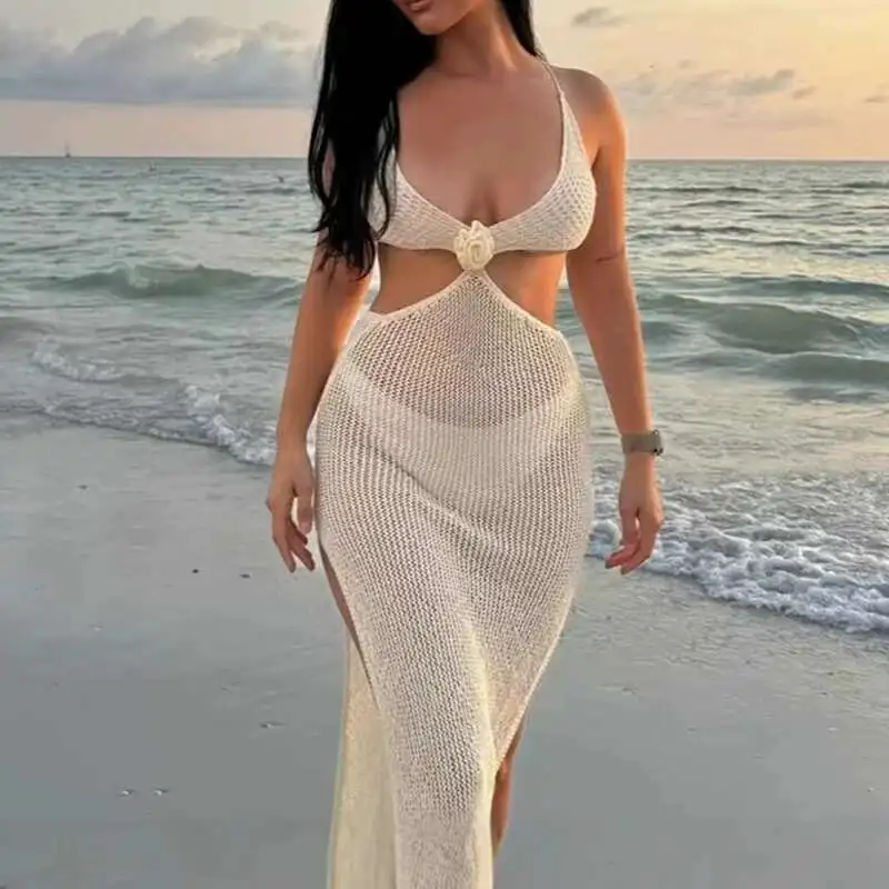 Nuevo 2025 verano Sexy cuello en V hueco tejido Floral Patchwork sin mangas ajustado Vestido de playa sin espalda Split cubrir trajes de baño