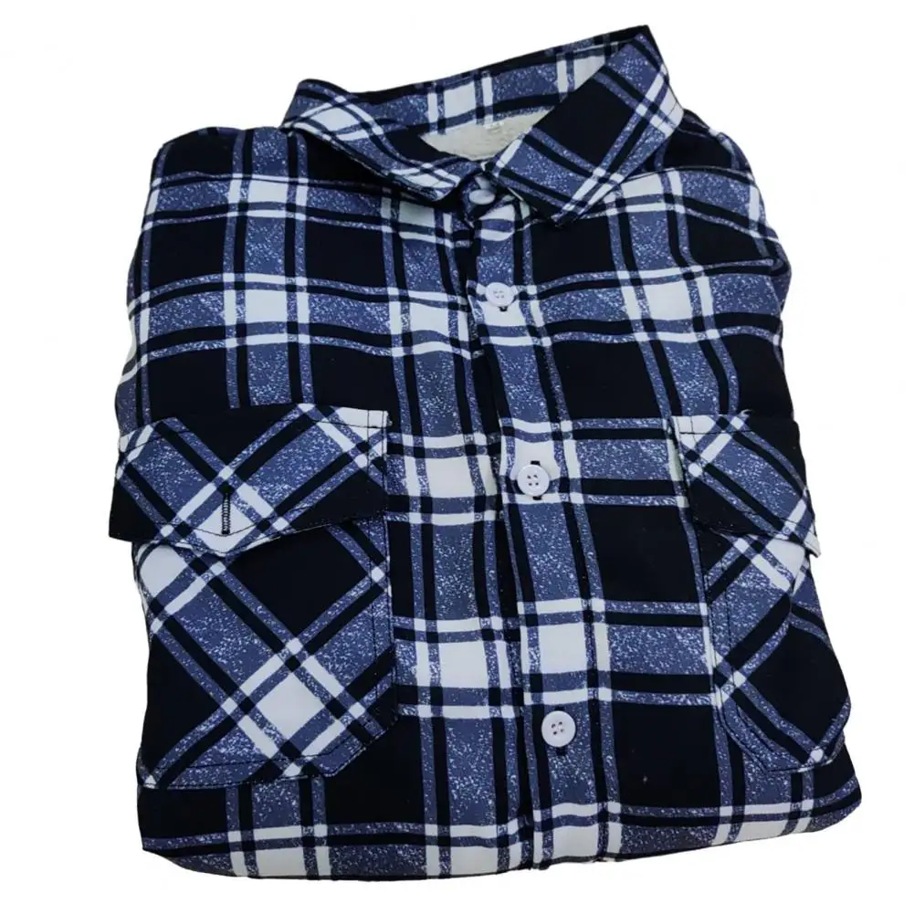 Men Plaid Jacket Chest Pocket Jacket Plaid Print Lapel Men's Winter Jacket with Soft Plush Pockets Single-breasted for Mid