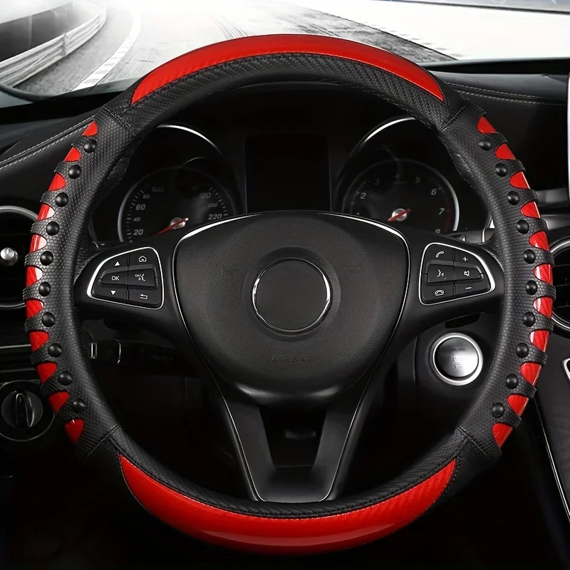 Carbon Fiber Faux Leather Car Steering Wheel Cover, Universal Leather Film Fashion Sports Four Seasons Universal Car Accessories