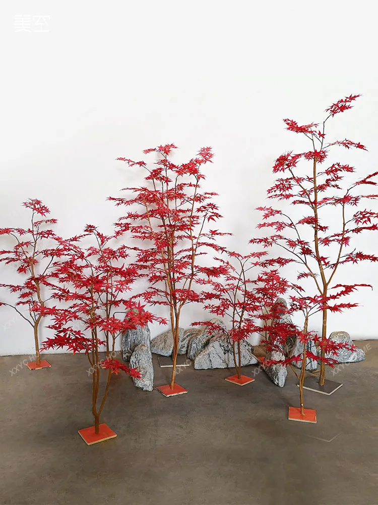 Solid Wood Imitative Tree Red Maple Japanese Landscape Fake Trees Indoor Hotel Lobby Floristry Furnishings