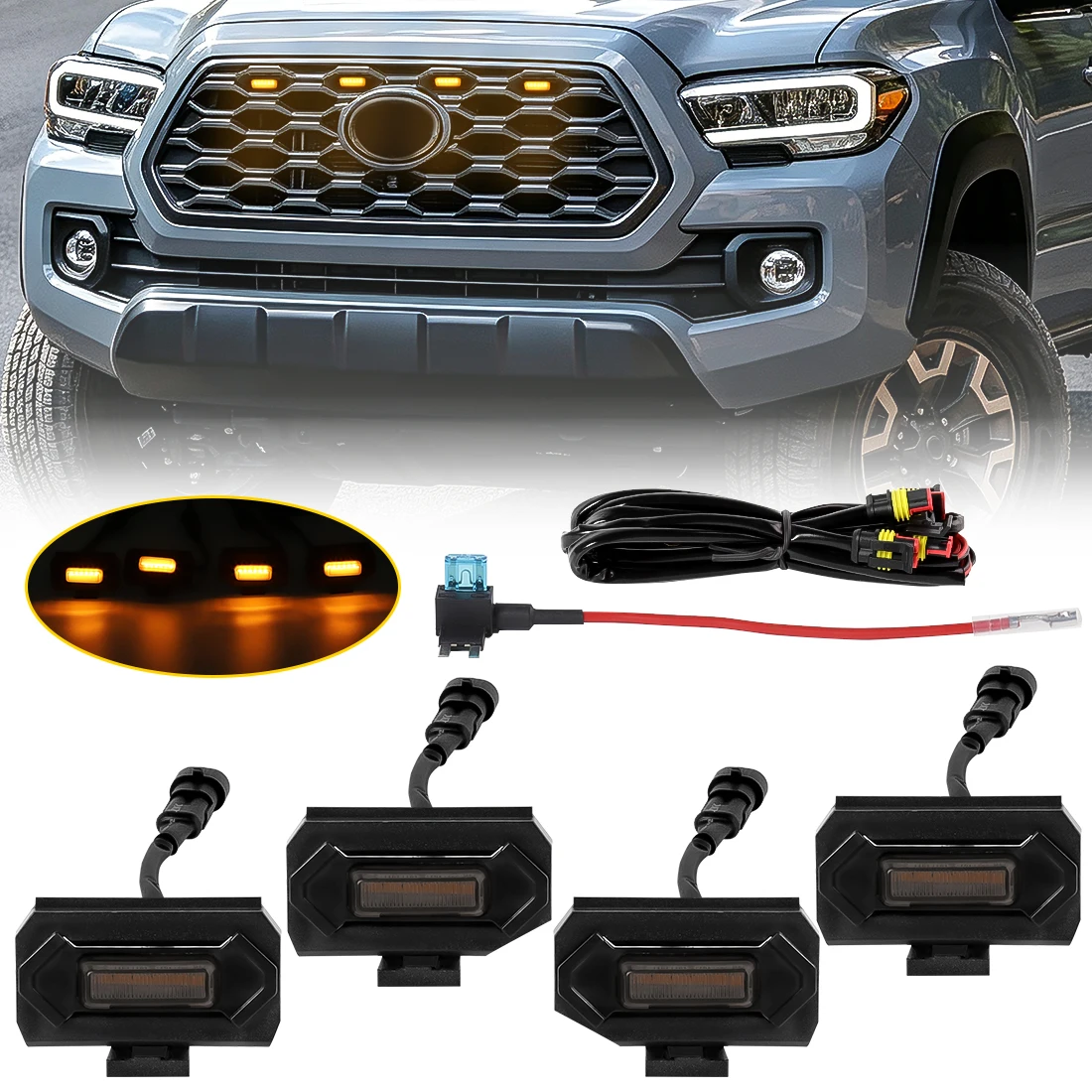 4PCS LED Grill Light For Toyota Tacoma 2020 2021 2022 Front Daytime Running Light Grid DRL Daylights Car Accessories 12V