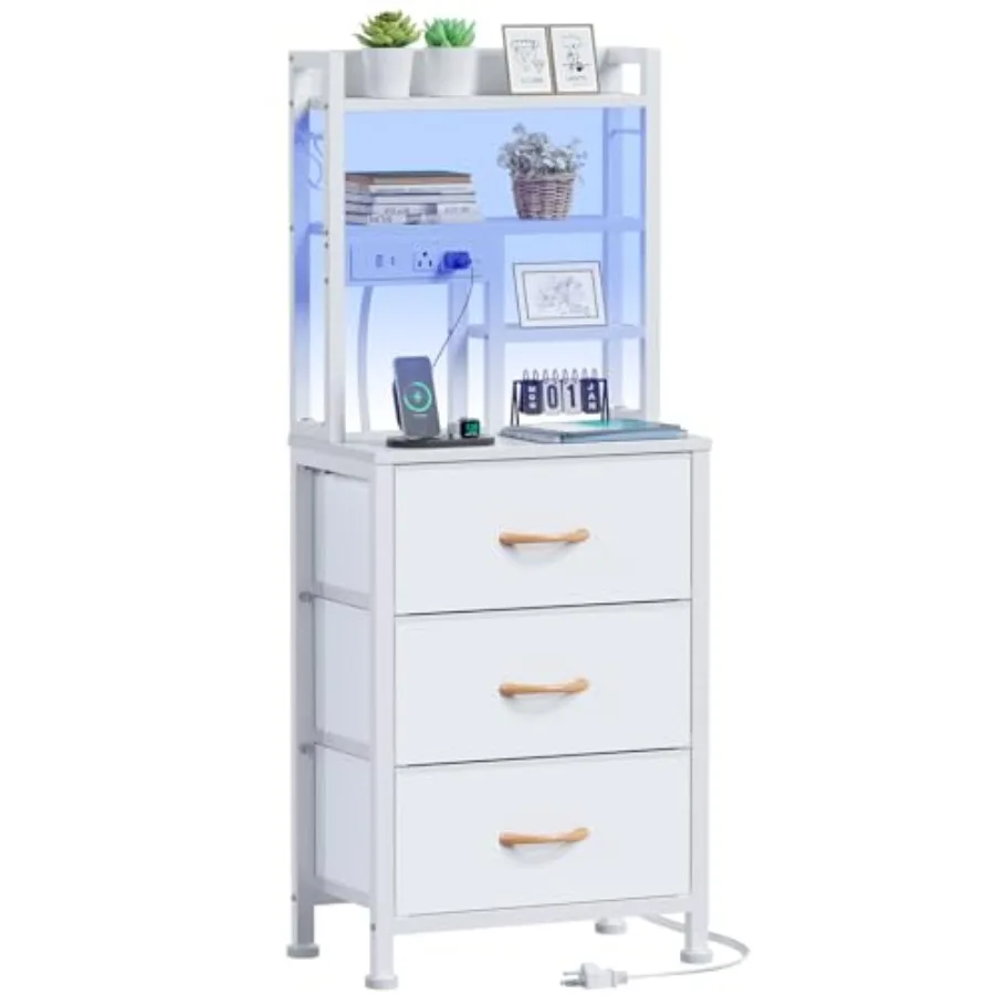 

Tall Nightstand with LED Lights and 3 Tier Shelves, Night Stand with Fabric s, 45.3inch Tall Bedside Tables with USB Ports and