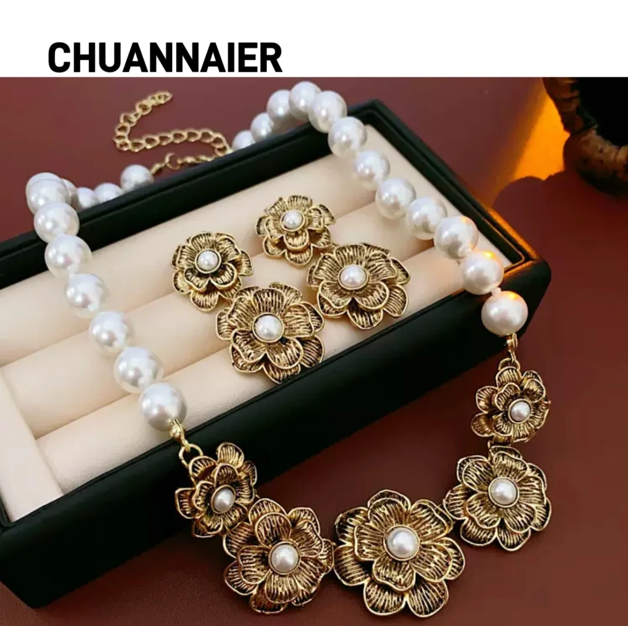 

Hot-selling jewelry set, flower artificial pearl earrings, luxurious and high-end sweater chain for women
