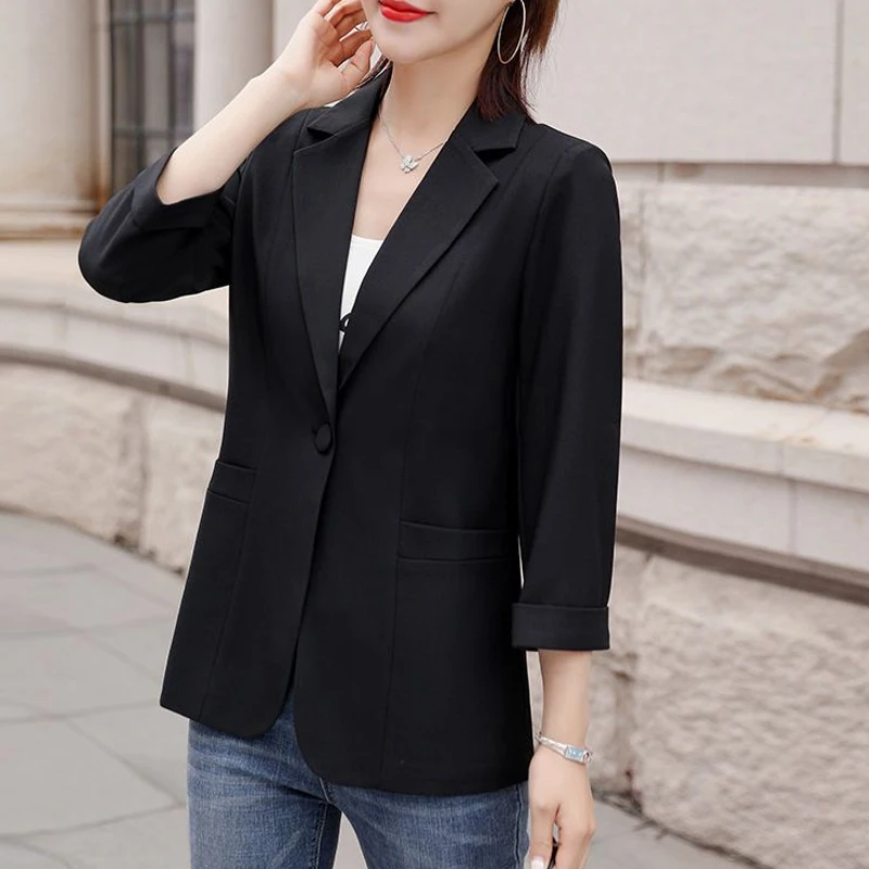 Three Quarter Sleeve Notched Skinny Blazers Solid Color Button Office Lady Business Casual Fashion Formal Women's Clothing 2023