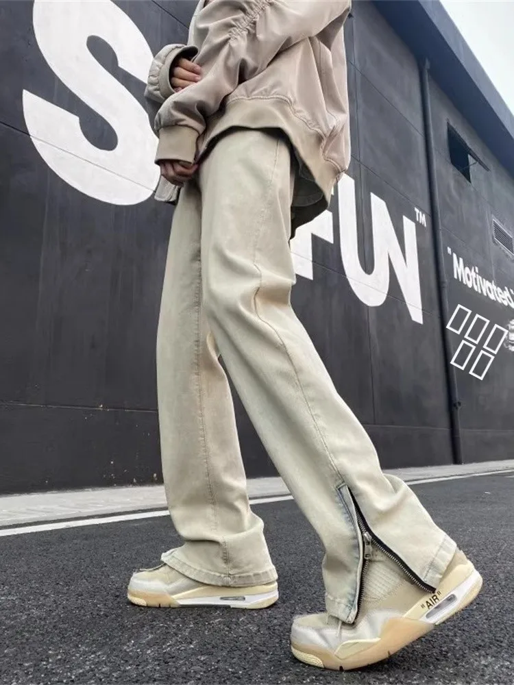

Retro Mud Color Men's Jeans Washed out American High Street Vibe Micro Flared Trendy Side Zipper Pants Youth Wear