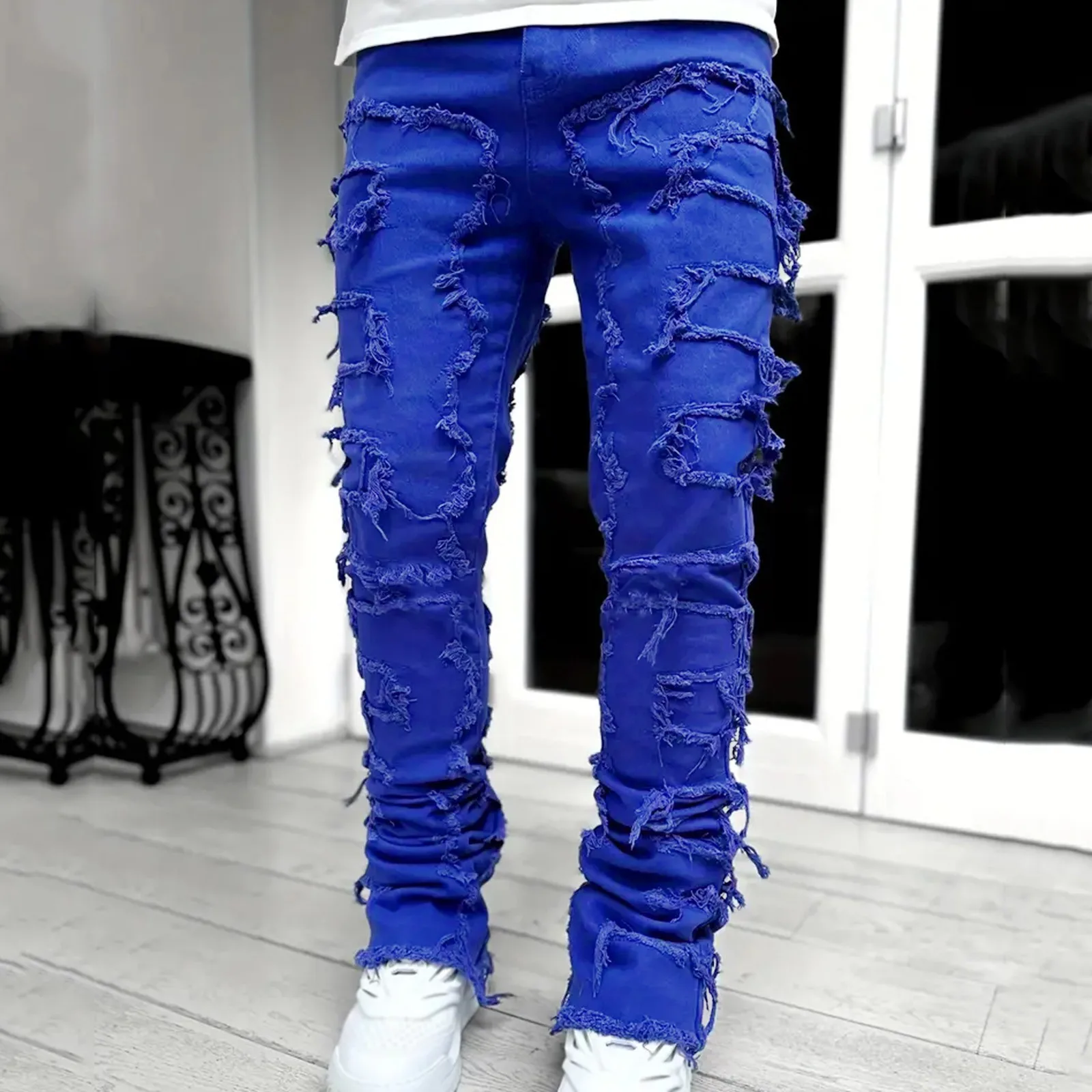 Tassels Decoration Straight Fit Jeans Men Casual Medium Stretch Street Style Denim Pants For All Seasons Lives 505