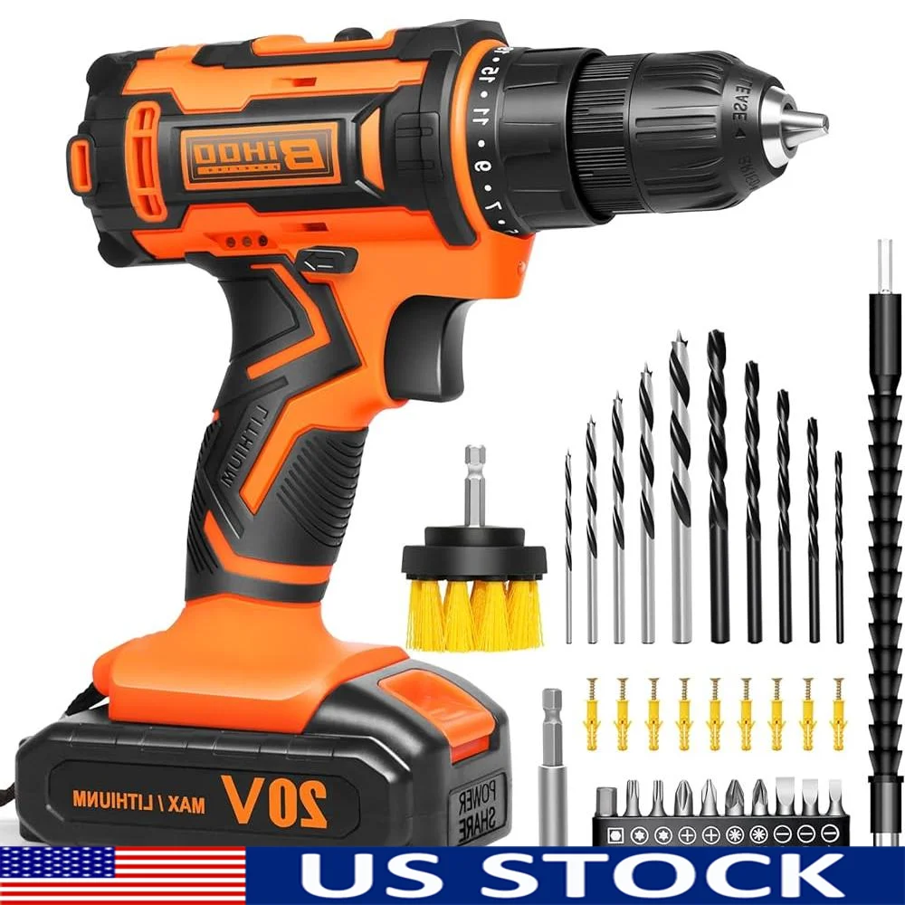 20V Cordless Drill Driver Set with Battery Charger LED Work Light 25 1 Torque Setting 43pcs Drill Bits Multi Surface Home DIY