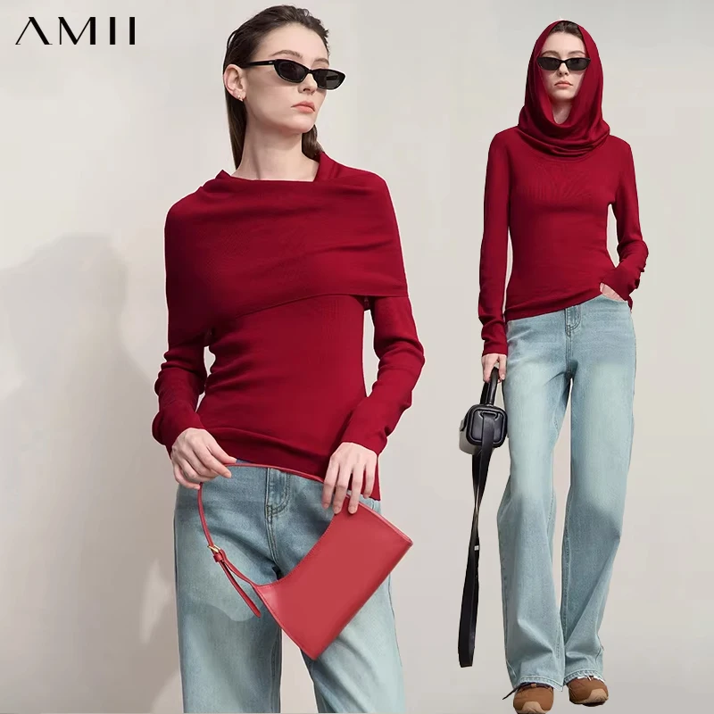 

Женский свитер AMII, осень 2023, новый рождественский минималистичный тонкий вязаный топ, женский универсальный пуловер с длинными рукавами, топы 12553075