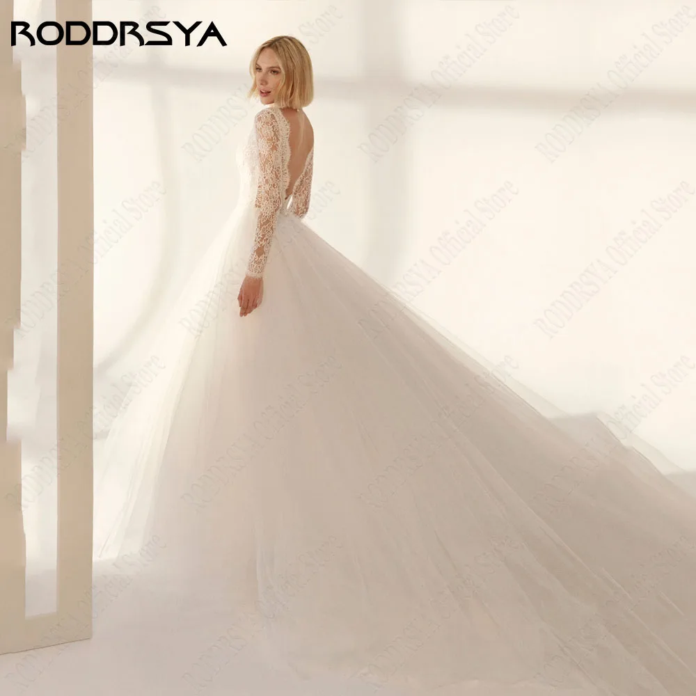 RODDRSYA-Robe de mariée en dentelle dos nu, coupe trapèze, manches longues, encolure dégagée, patients musulmans, quelle que soit la robe de mariée en tulle, 2024Roddrsya 2024 mariée sans dos dentelle robe de mariée a