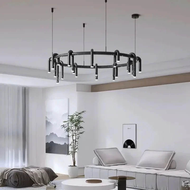 

Minimalist Black ring U-shaped LED Chandelier lustre Artistic Creative Design Ceiling for Home interior light living room