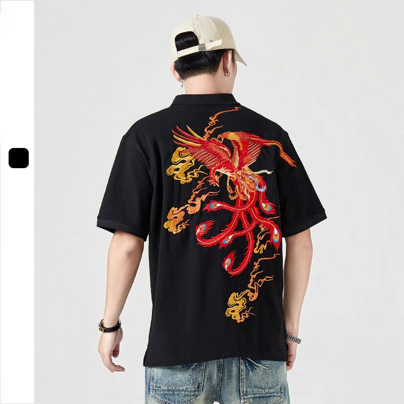 Heavy Industry Embroidery Phoenix POLO Shirt Short Sleeve Large China-Chic Chinese Style Cotton Polo Men's T-shirt Top