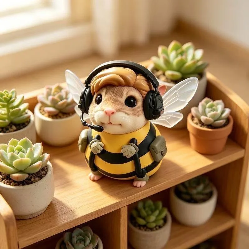 Kawaii Bee Outfit Hamster Mini Statue Lovely Winged Hamster with Headset Tabletop Decoration Car Interior Ornament