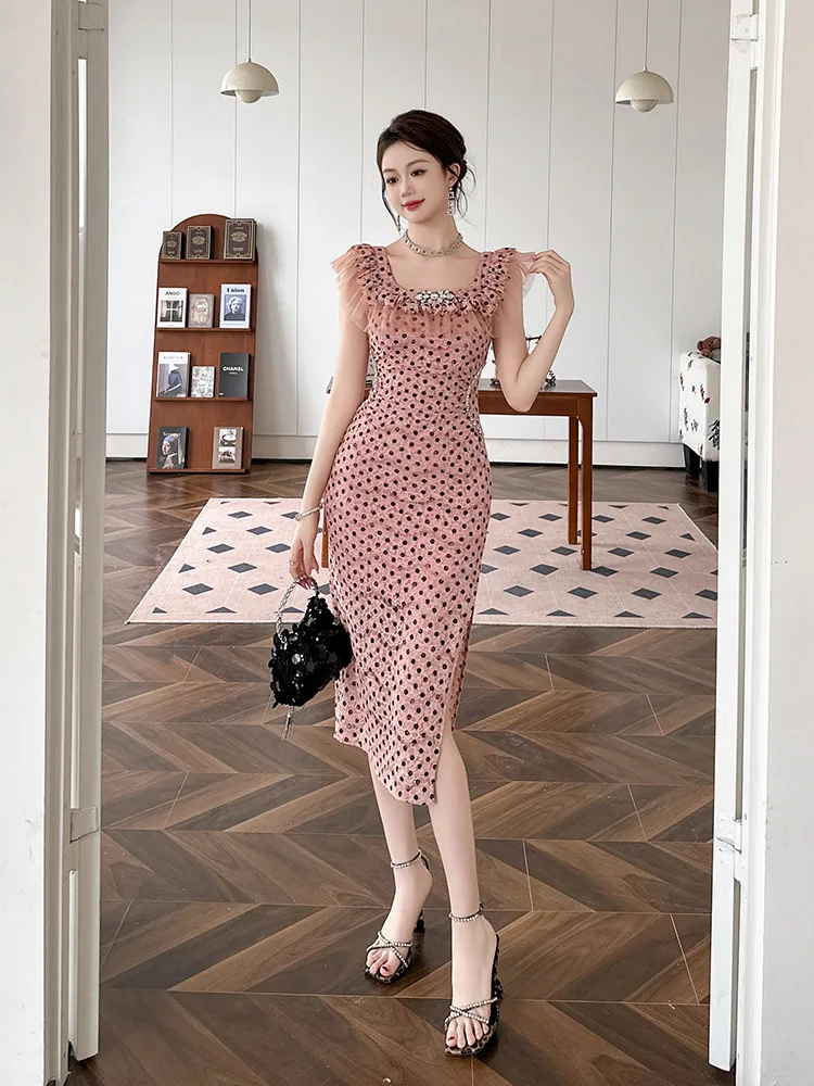 

Coigarsam Women's Summer Dress Office Lady Cute Solid Polka Dot Lace Flying Sleeve Square Collar High Waist V-Neck Pink Dresses
