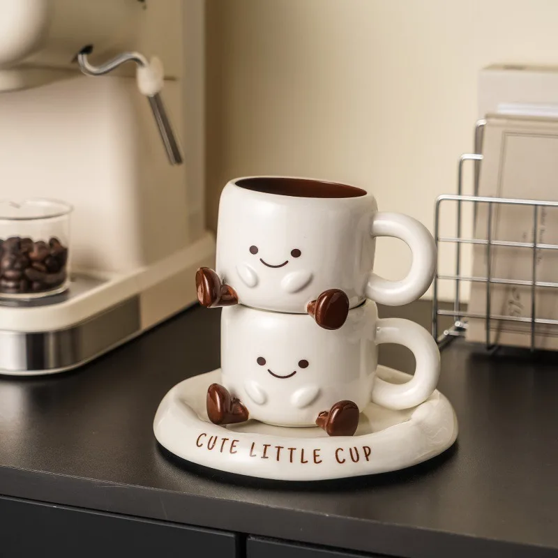 Cute Little Cup Smiley Face Ceramic Coffee Mug with Saucer Creative Cartoon Mug Set for Coffee Tea Milk