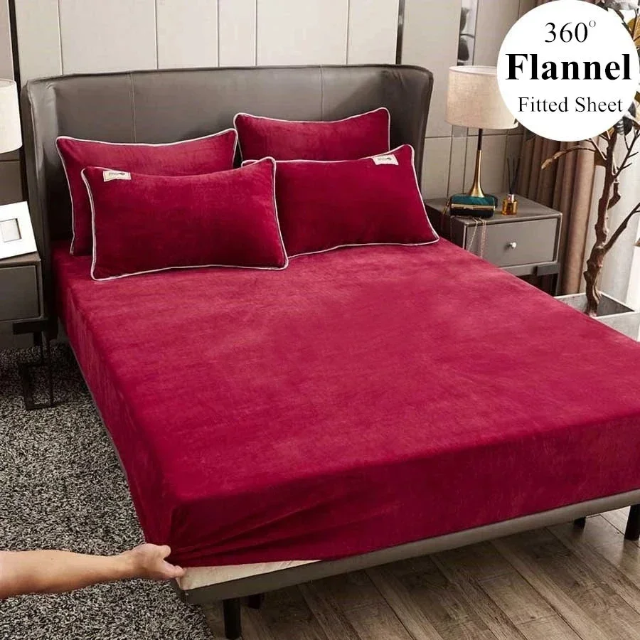 Winter warm solid flannel elastic band fitted sheet mattress protector cover super soft king size double bed bed sheet